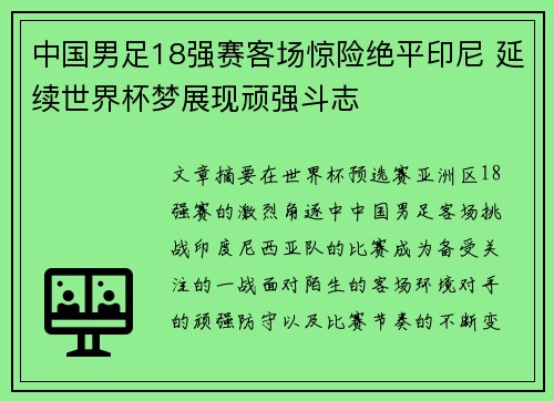 中国男足18强赛客场惊险绝平印尼 延续世界杯梦展现顽强斗志